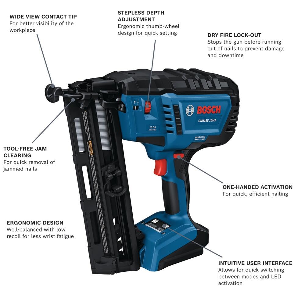 BOSCH GNH18V-16MAN 18V Brushless 16-Gauge Angled Finish Nailer - Fastens up to 1,600 Nails per Charge, One-Handed Activation, Tool-Free Jam Clearing, Belt Hook (Bare Tool)