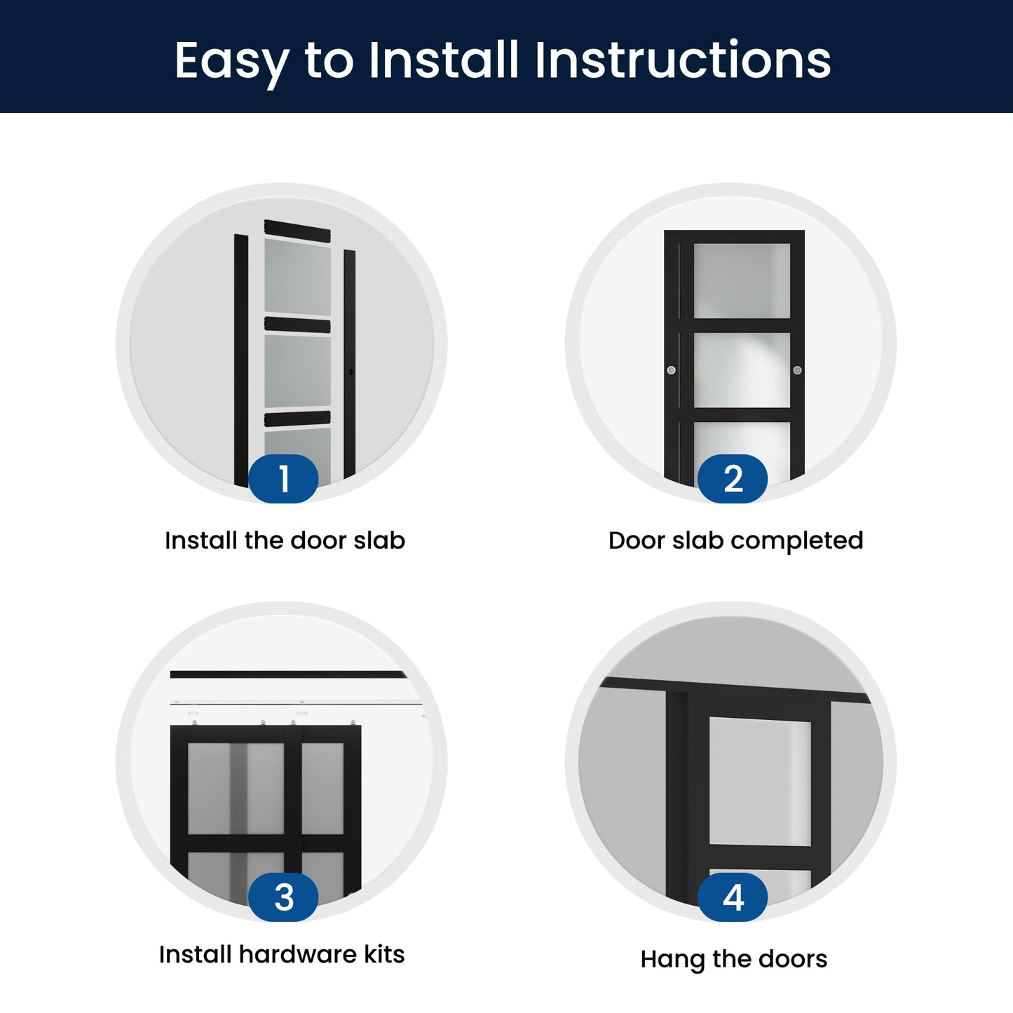 COSHOMER Sliding Closet Door for 72" x 80" Opening, 3-Lite Frosted Glass MDF Barn Door with Hardware Kit Set, Door Panels Need to Assemble, Black