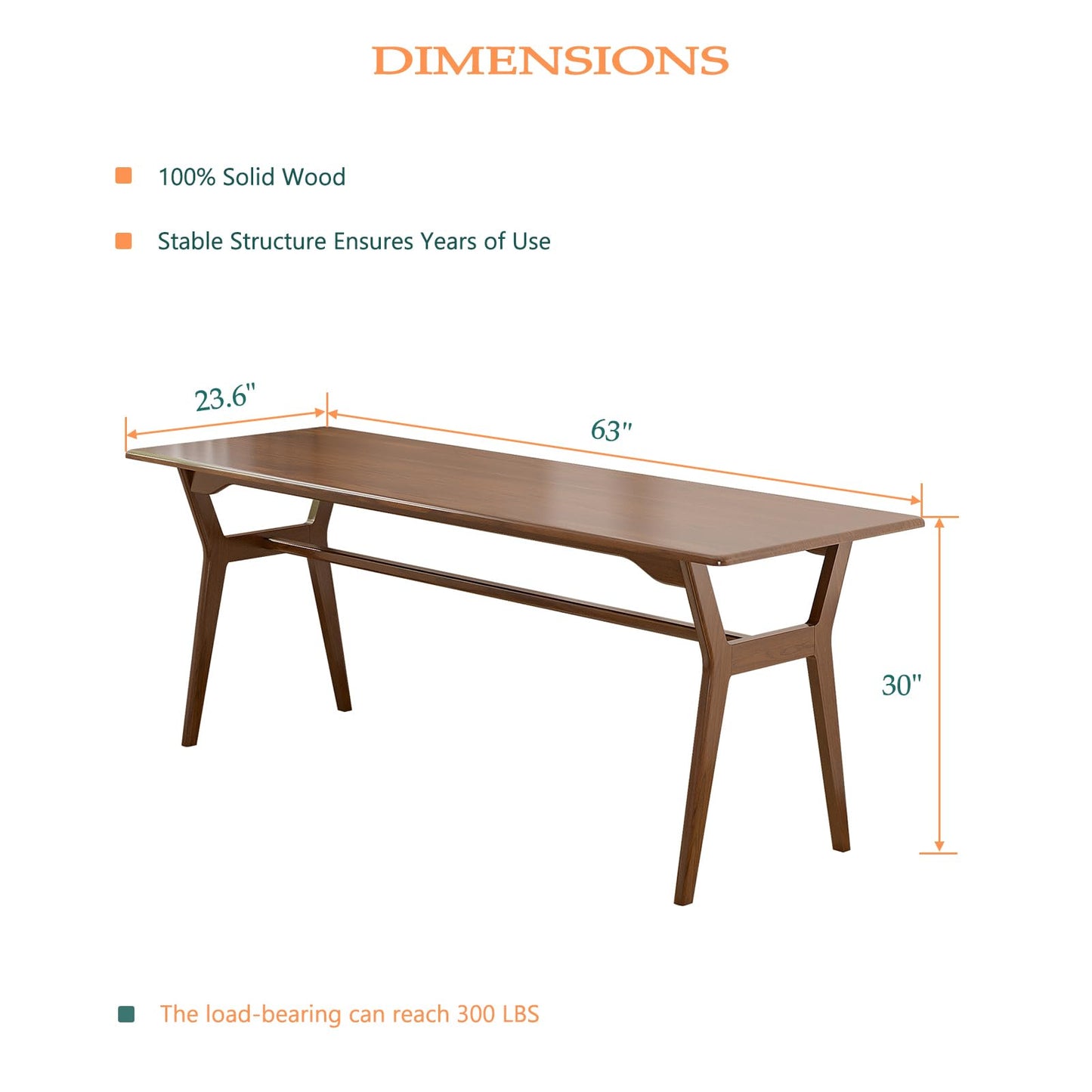 OSCHF Solid Wood Study Desk - 63" Double Long Computer Table for Home Office, 2-Person PC Workstation, Walnut