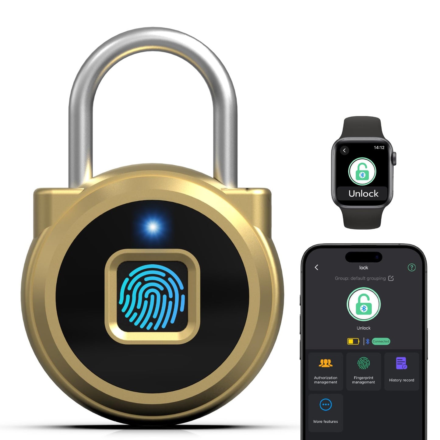 Keylesslife Fingerprint Lock,Gym Locker Lock,Smart Padlock Bluetooth APP Control Biometric Lock for Locker School Suitcase Cabinet Storage Gold