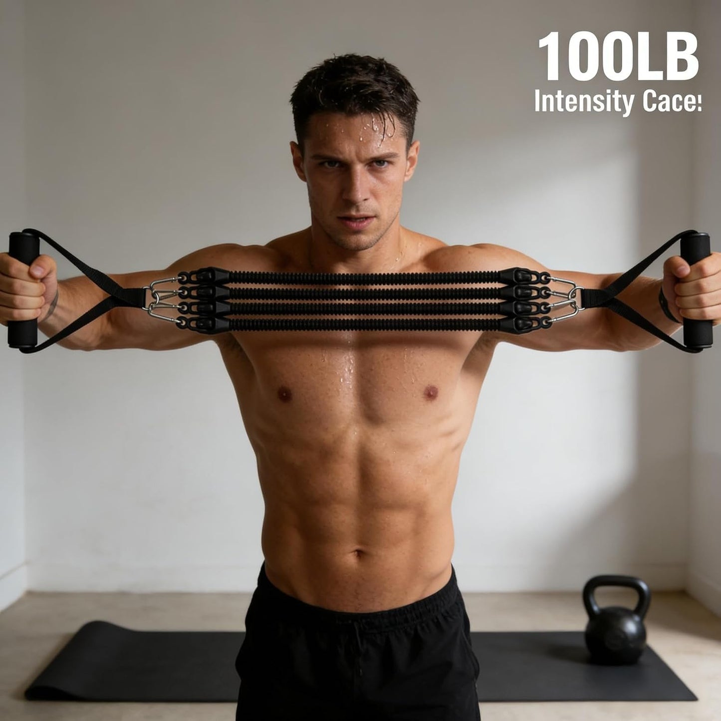100LB Pedal Resistance Band with Handle, Portable Adjustable Tension Rope, Heavy Duty 4-Tube Full Body Exercise Equipment Set for Home Workout