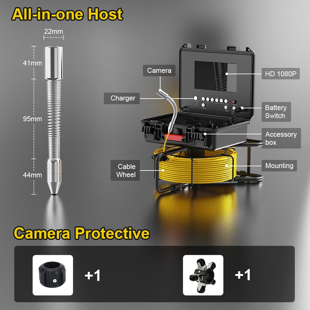 SYOWNFS Sewer Camera with 512Hz Sonde Self-Leveling, Pipe Inspection Camera with DVR Recorder, Endoscope with 12pcs LED Lights for Plumbing, 100ft/30m (16GB SD Card Included)