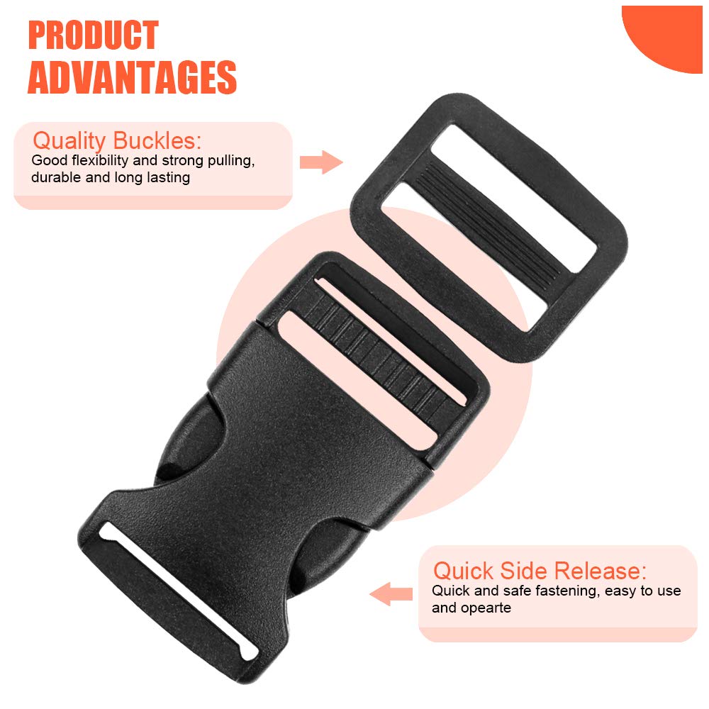 YGDZ 1 Inch Buckles, 35 Side Release Plastic Buckles and Tri-Glide Slides Parachute Black Buckles for Backpack Luggage Strap Pet Collar