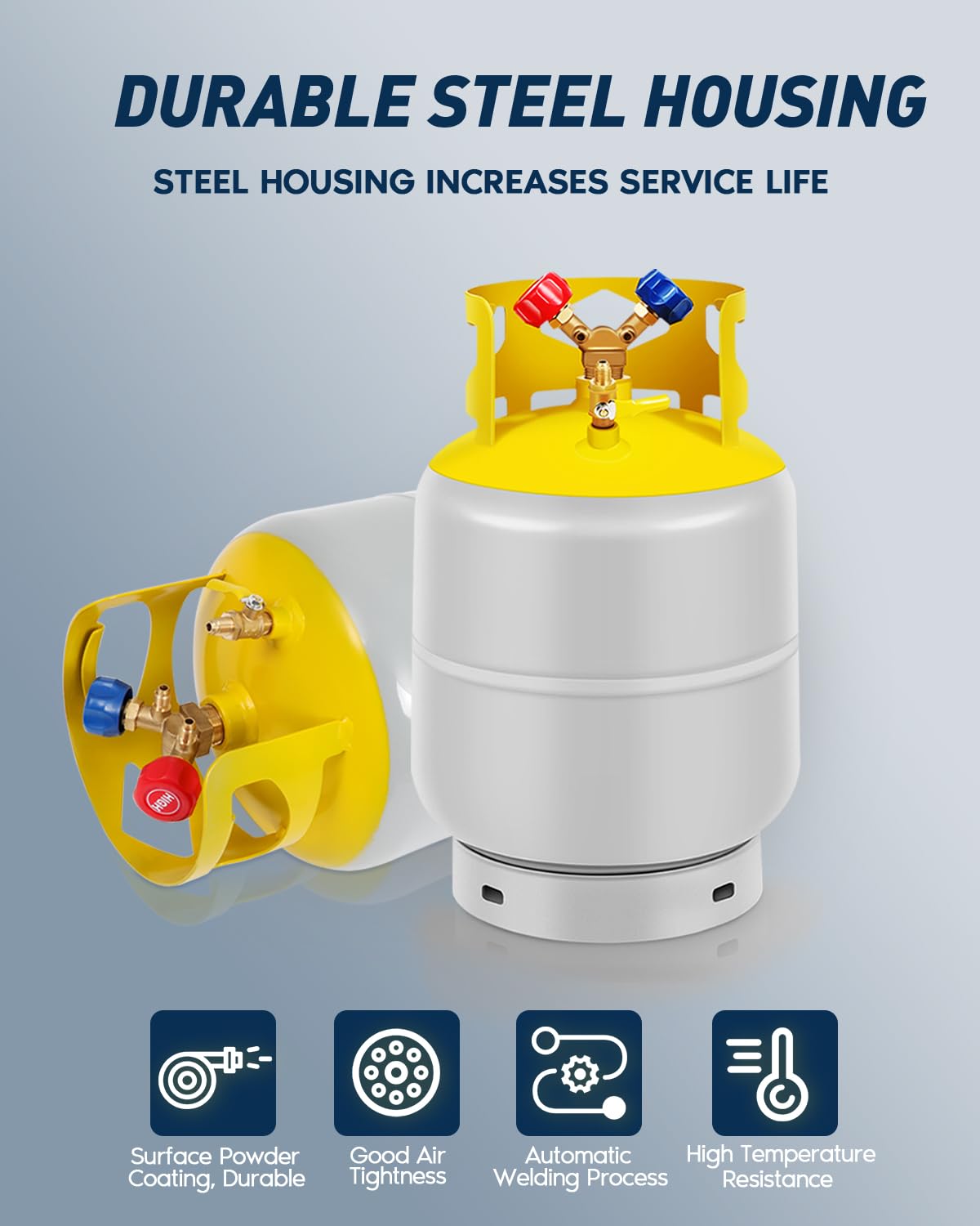 FAHKNS Refrigerant Recovery Tank 30 LB Reusable Recovery Cylinder Tank 1/4 SAE Y-Valve Recovery Can Without Float Switch for R12 R22, R134A, R410A etc Refrigerant Freon Recovery Tank Gray Yellow