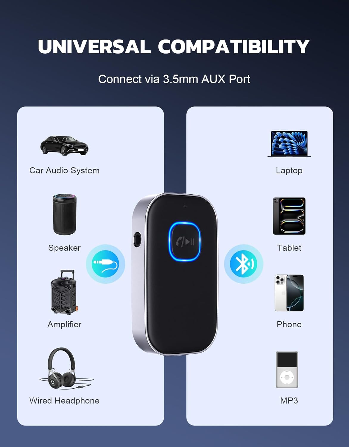 COMSOON 3.5mm 16H Bluetooth Receiver for Car, Noise Cancelling AUX Bluetooth Car Adapter, Wireless Audio Receiver