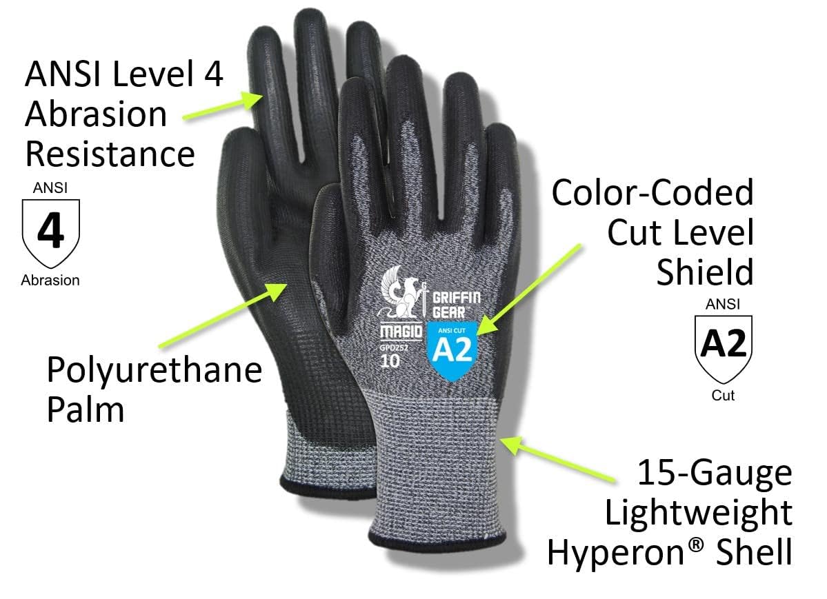 Magid GPD252 A2 Cut Gloves, Polyurethane Palm, 144 Pairs, Size 8/Medium