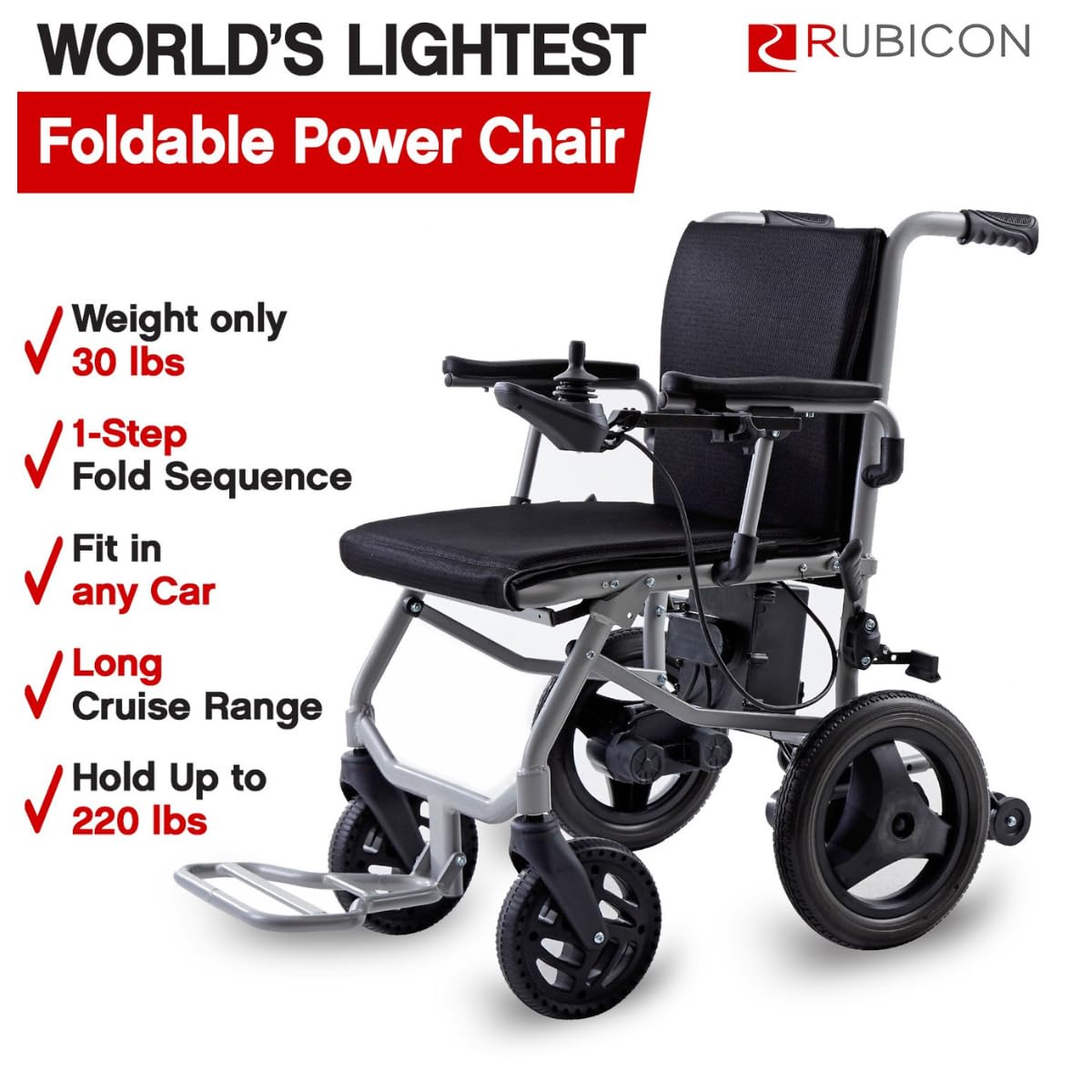 Rubicon DX04 World’s Lightest 30 lbs Foldable Electric Wheelchair – Portable Travel Power Chair – Airline Approved – Compact Lightweight Mobility Chair for Adults – 10 Mile Range (Model4)