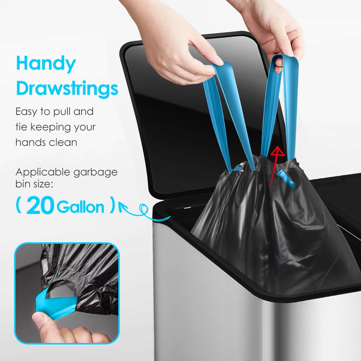 Teivio 20 Gallon 26 Counts Large Drawstring Trash Bags Strong Tall Kitchen Garbage Bags for Home/Office/Light Residential Waste/Outdoor Trash Can, Lawn，Trash Bin liners Black
