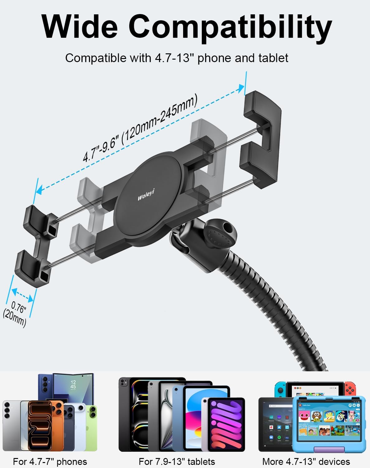 woleyi 20-inch 4-13" Car or Truck Seat Rail Tablet Mount, Heavy Duty Gooseneck Car Floor Tablet Holder Bolt Stand