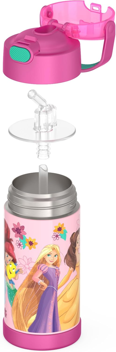 THERMOS FUNTAINER Water Bottle - 12 Ounce Stainless Steel Insulated Bottle with Straw | Princess Design