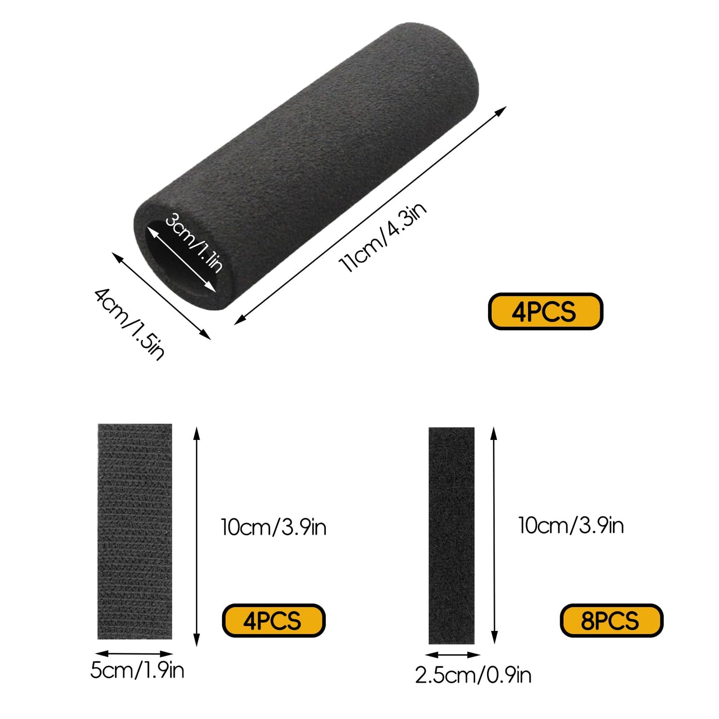 Wzttdm 4Pcs Foam Handle Cover, NBR Rubber Grip, 4.3 Inch Tubing, Comfortable Grips for Fitness, Home, Lawn, Bicycle, Motorbike Handlebar Replacement (Black)