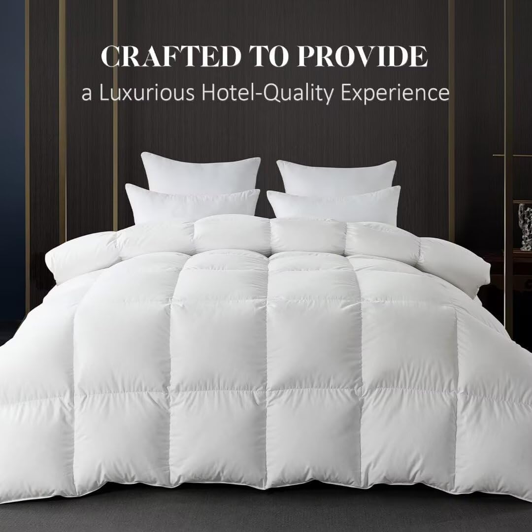 WhatsBedding White Queen Size Feather Down Fiber Comforter, Filled with Feather and Down Fiber, All Season Fluffy Ultra Soft 100% Cotton Duvet Insert, Luxury Hotel Bedding Style Comforter,90"x90"