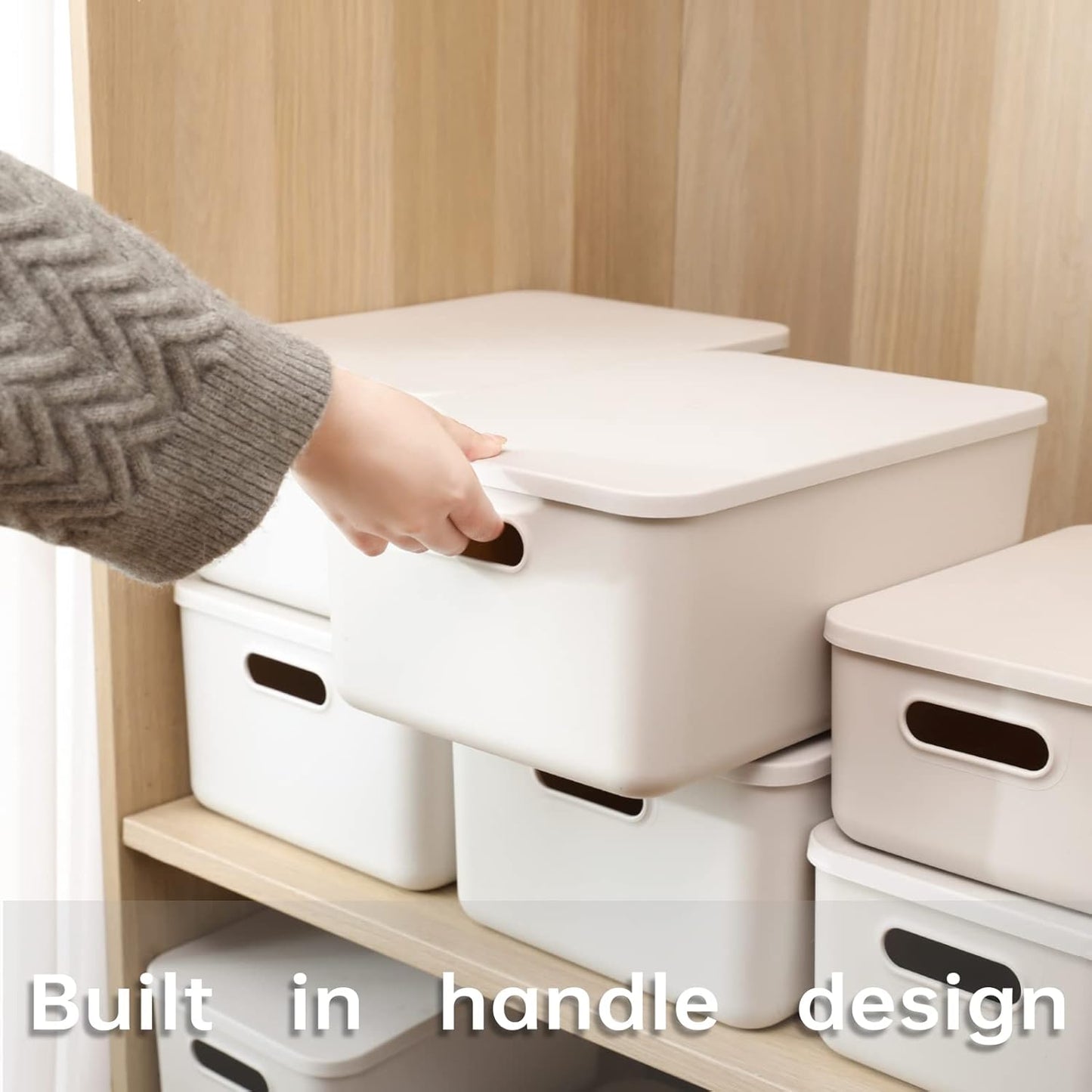 Yishyfier Plastic Storage Baskets - Lidded Organizing Containers for Shelves & Drawers | Light Grey (4M + 2S)