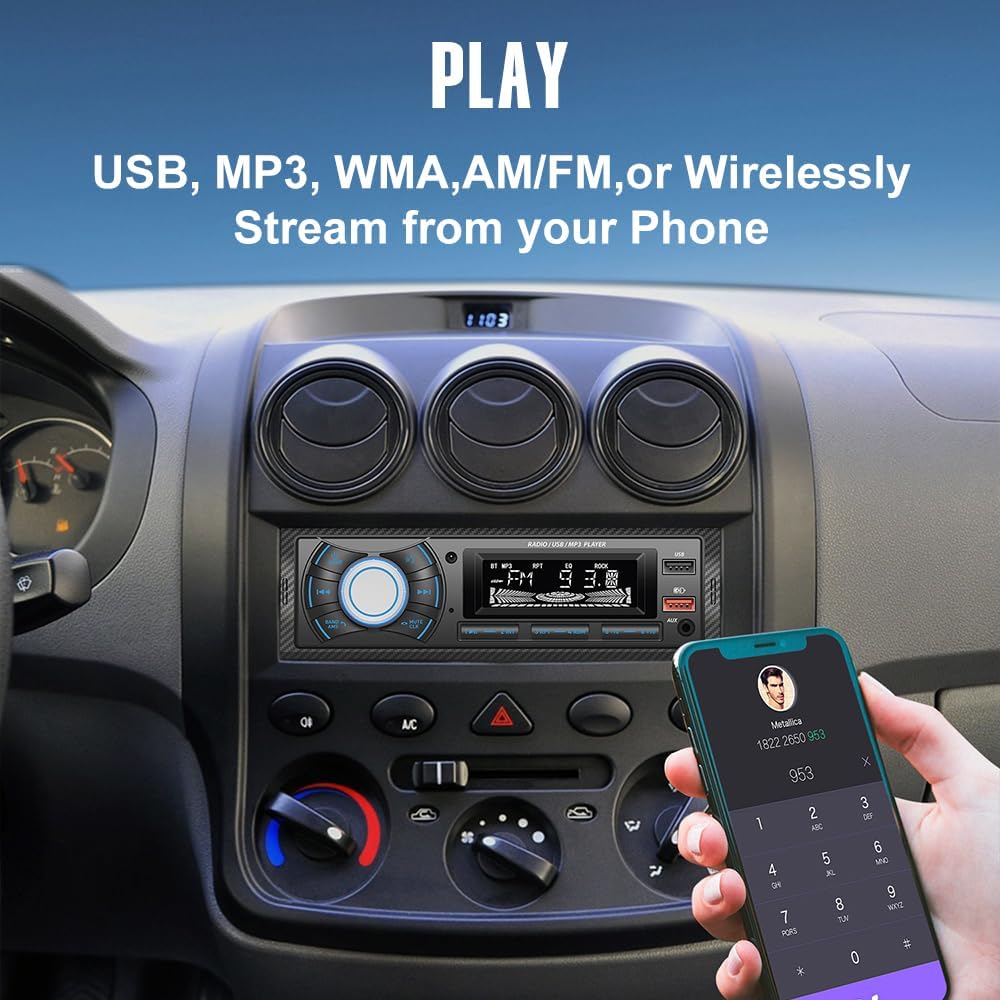 KUNFINE MP3, 2 USB(2.1A Audio Systems Car Stereo - Single Din, Voice Control, Bluetooth, No CD DVD Player, FM Radio