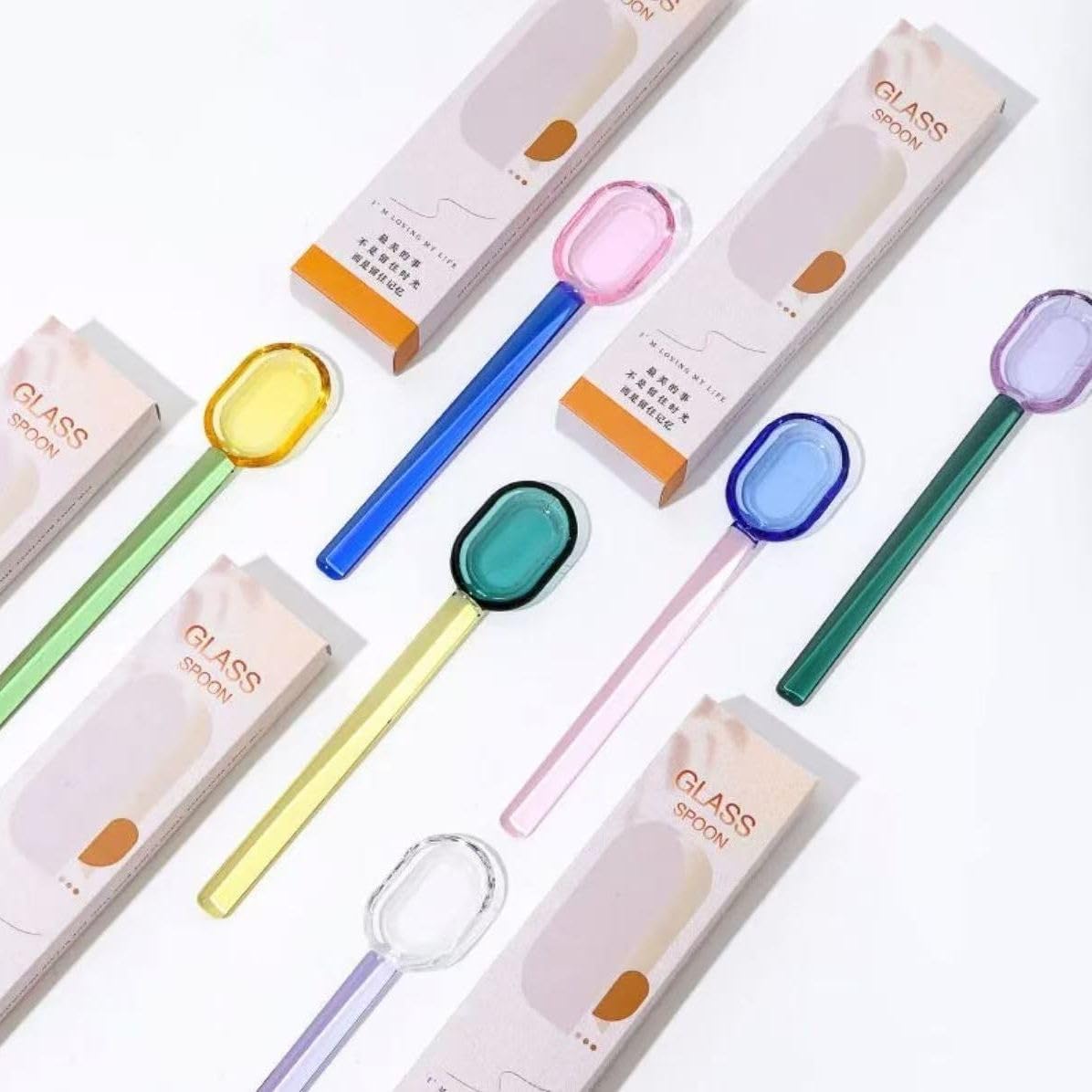 Glass Spoons 5/6 Pieces - 6.1 inch Crystal Coffee Teaspoons, Heat Resistant Long Handle Glass Drink Stirrers, Colored Translucent Spoons for Tea, Sugar, Yogurt, Dessert, Soup, Home Bar Party (6)