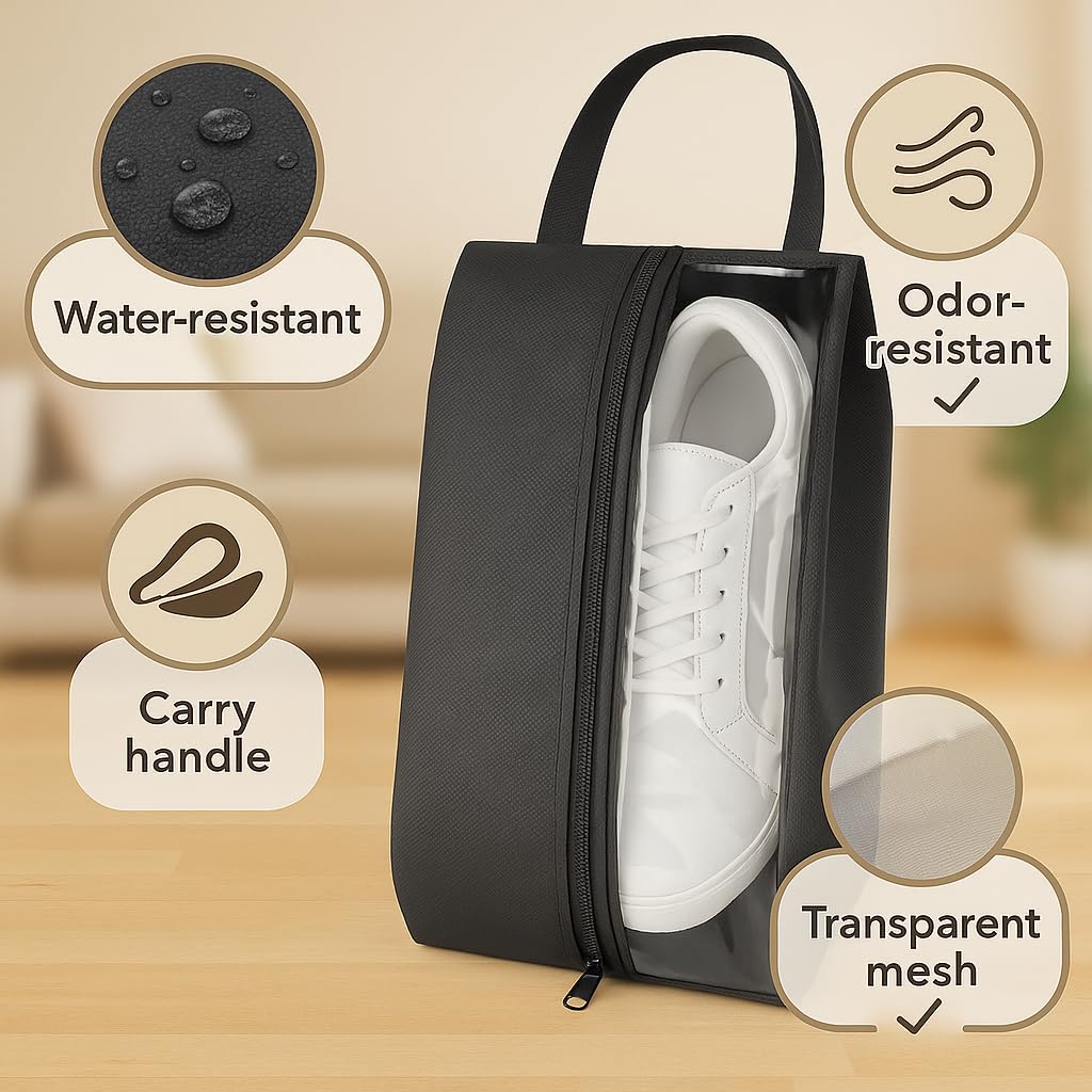Shoe Bag for Travel, Gym & Sports – Water-Resistant Shoe Bag Cover/Pouch with Transparent Mesh Panel, Durable Zipper & Carry Handle – Fits Men’s Size 12 – Keeps Clothes Clean & Odor-Free | Pack of 3