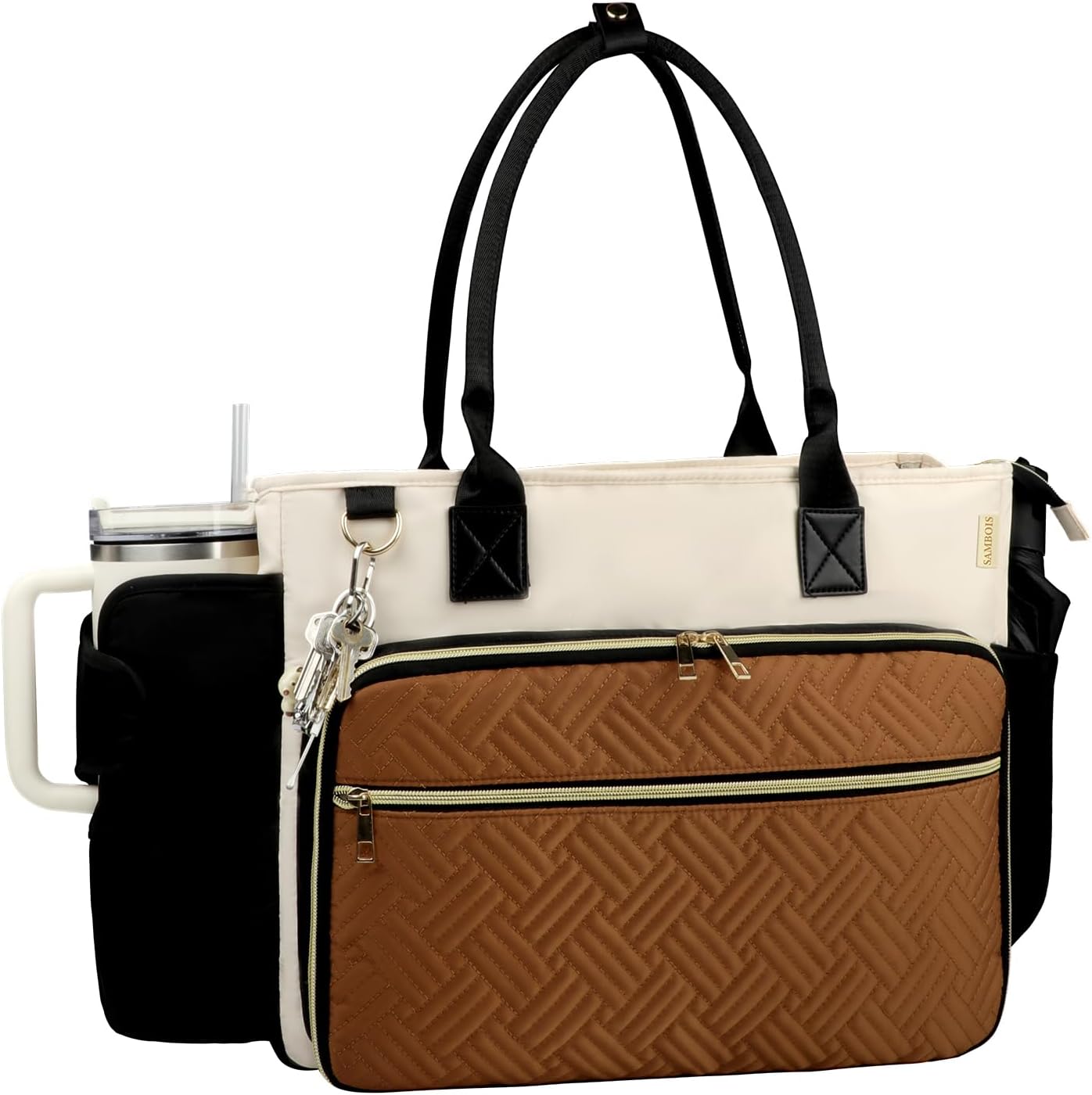 15.6 Inch Teacher Tote Bag for Women with Large Cup Holder& Laptop Compartment, Utility Work Tote Bag with Internal