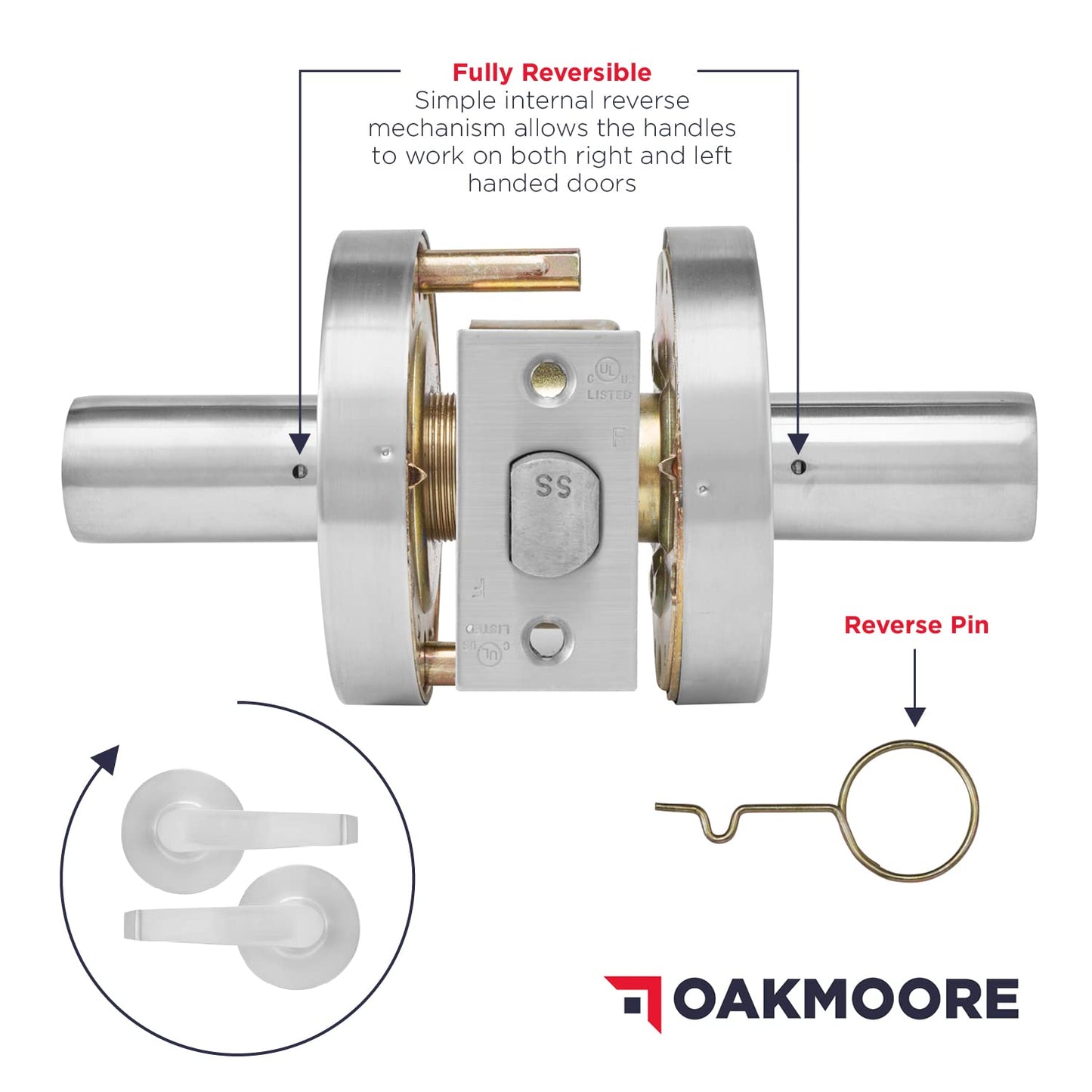 OAKMOORE Heavy Duty Commercial Door Handle | Passage Function | Grade 2 | No Lock/Key | for Meeting Rooms & Kitchens | Nickel Finish | C UL & ADA | ANSI A156.2