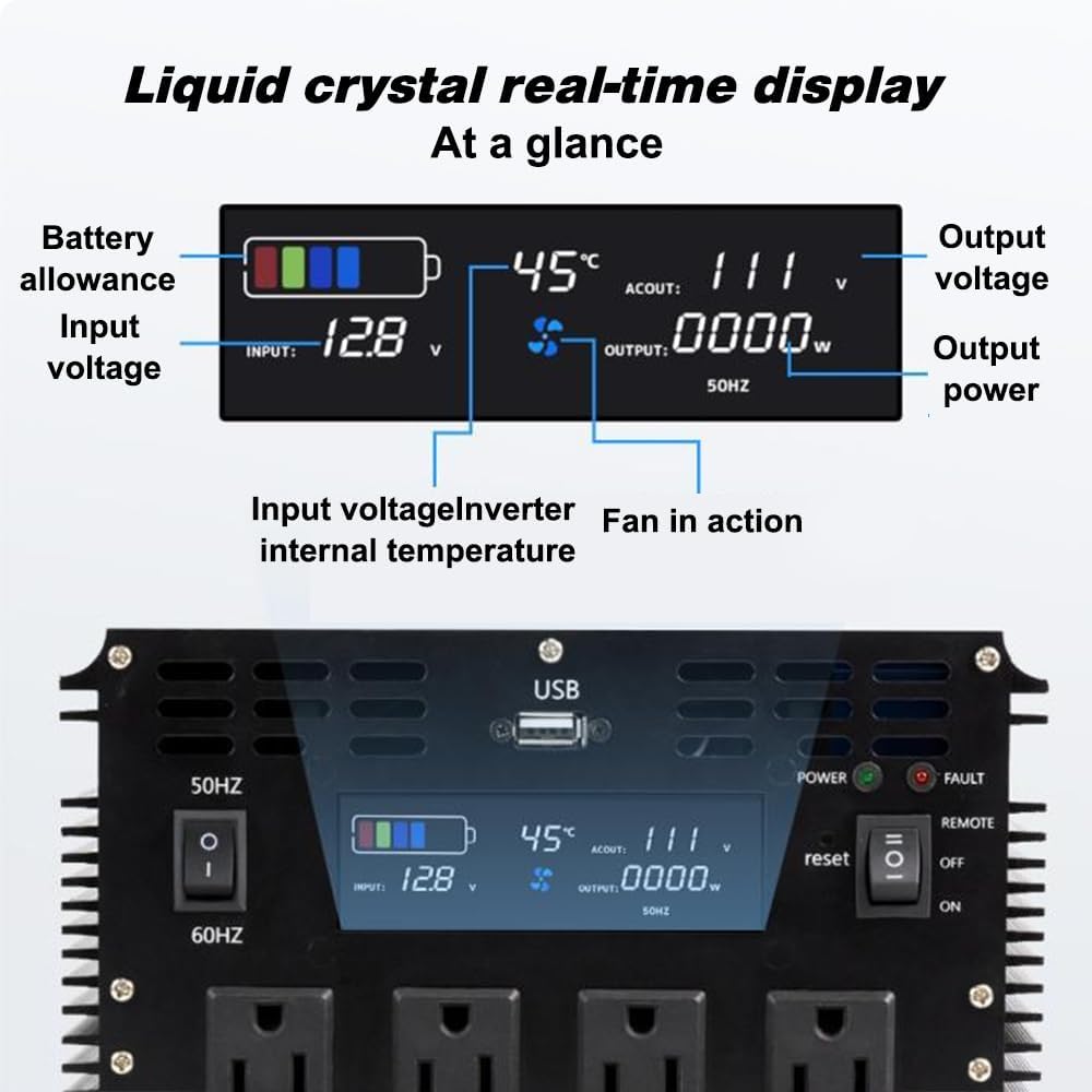 5000 Watt Pure Sine Wave Power Inverter, 12V DC to 110V/120V AC Converter 10000W Peak, with Remote Control LCD, 4 AC Outlets & USB Port & Hardwire Terminal, for Car Truck RV Camping Solar System EPS