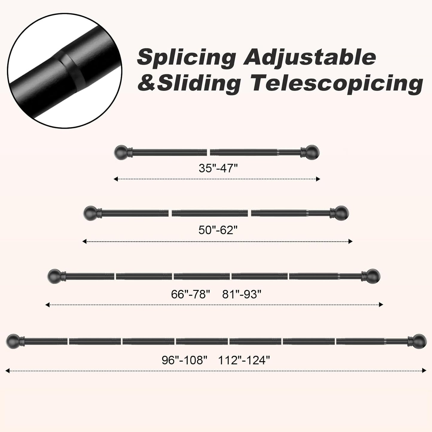Skiennix Black Curtain Rods - Adjustable 36"-48" Decorative Drapery Rod for Bedroom & Living Room
