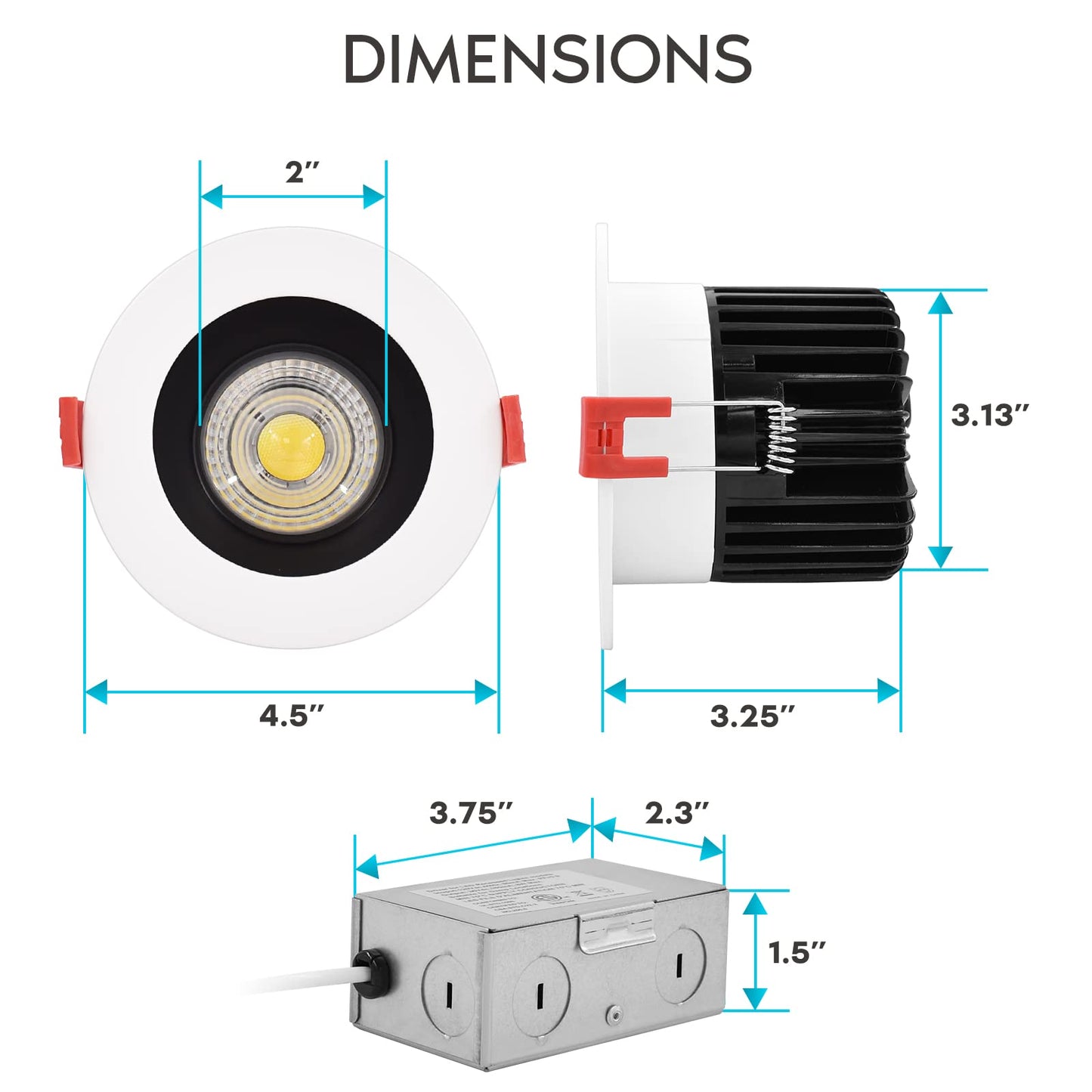 LUXRITE 4 Inch LED Recessed Lighting with Junction Box, 15W, 5 Color Selectable 2700K-5000K, 1100 Lumens, 40° Spotlight, Dimmable Downlight, Wet Rated, IC Rated - White and Black Trim (4 Pack)