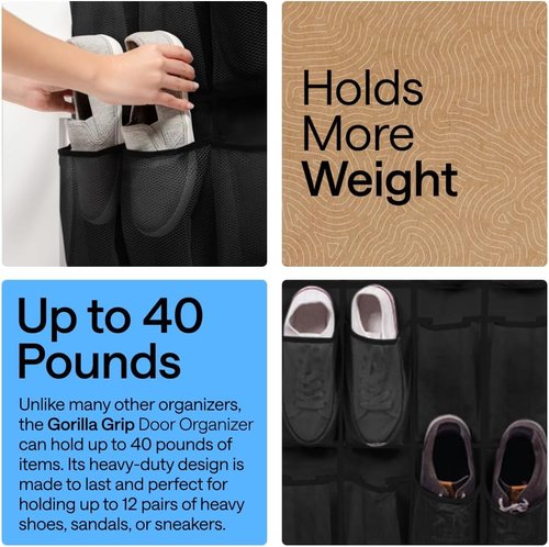 GORILLA GRIP Over The Door Shoe Organizer - 12 Large Breathable Mesh Pockets | Space-Saving Black Storage, 64H x 9.5W