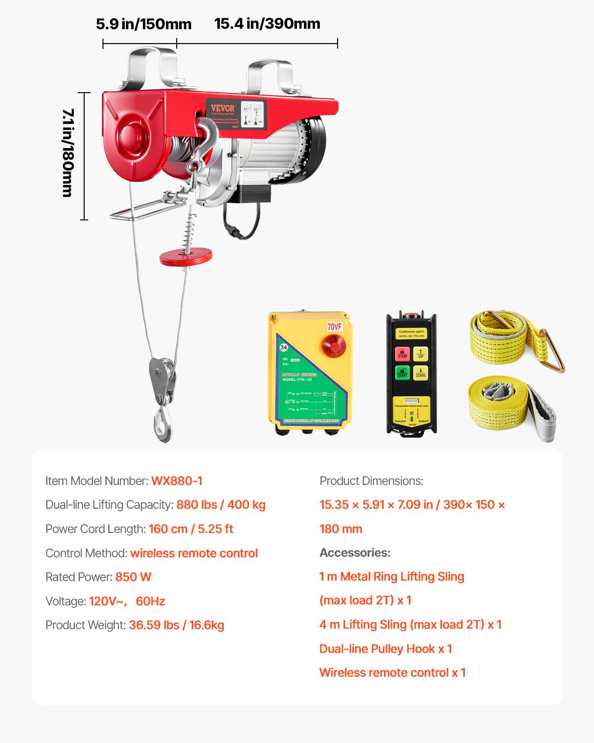VEVOR 880lbs Electric Hoist with Wireless Remote Control, 110v Electric Hoist with Remote Control, 40ft/20ft Lifting Height Motor, for Garage Warehouse Factory