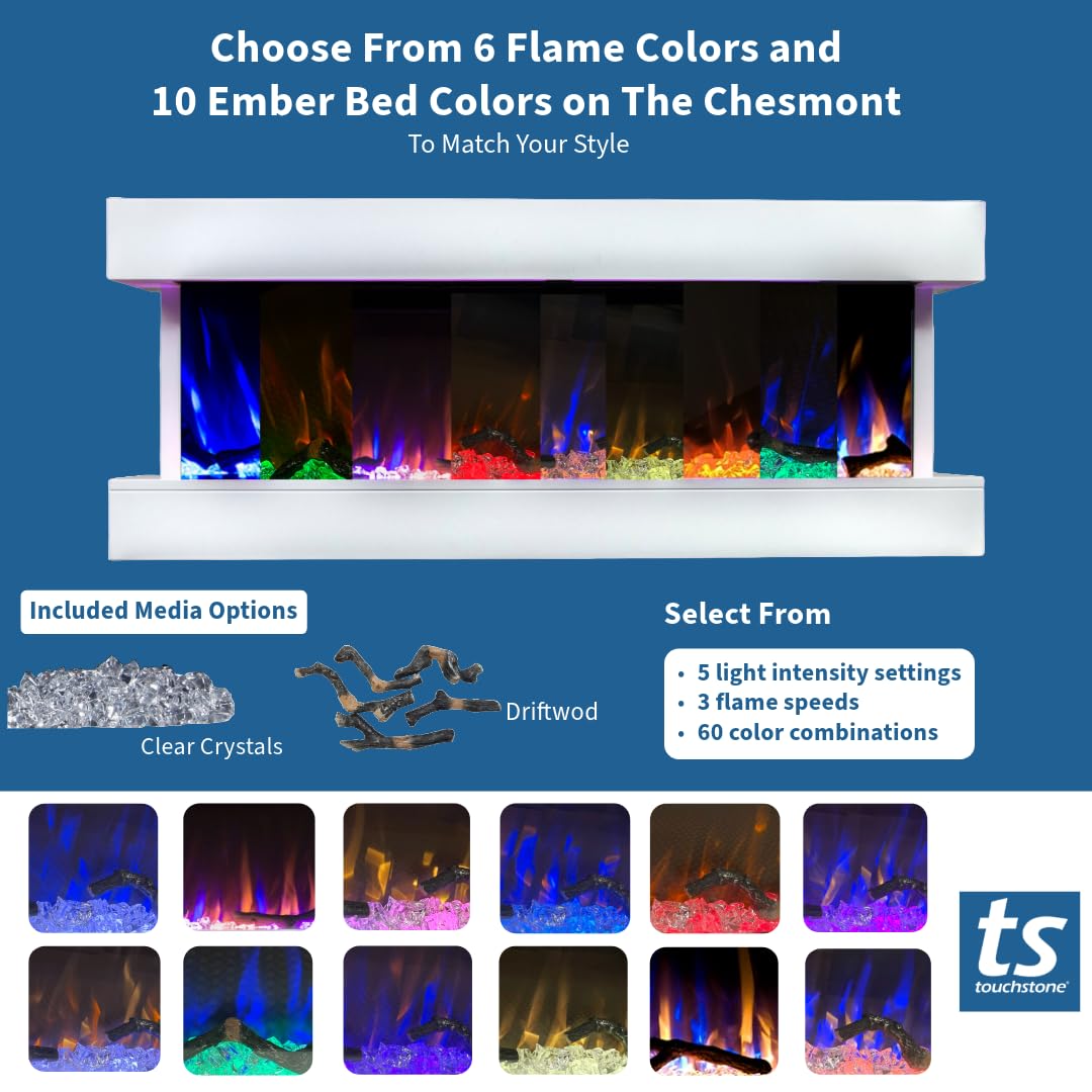 Touchstone Chesmont Smart Electric Fireplace- Wall Hanging Fireplace with 50" Wide White Floating Mantle- Alexa/WiFi Enabled-10 Color-1,500W Heater- Crystals & Driftwood-Model 80033
