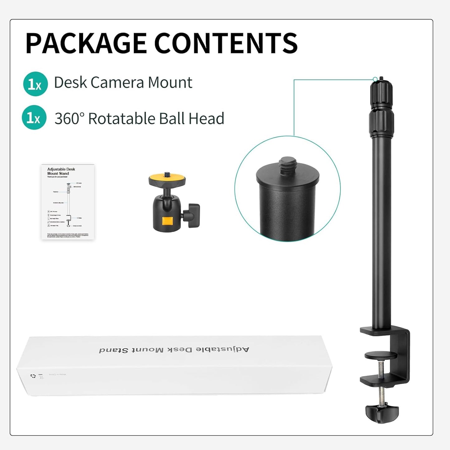 JEBUTU 1/4" Camera Desk Mount Table Stand with Ball Head, Adjustable Light Stand with Screw & C Clamp for DSLR Camera