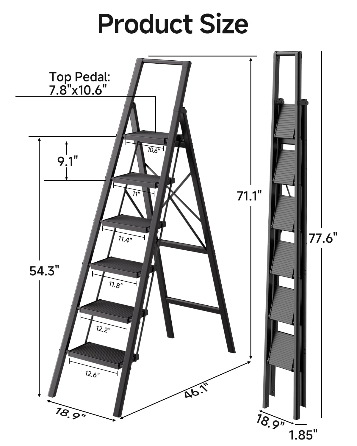 SOLADDER 6 Step Ladder with Handrails, Anti-Slip and Foldable Step Stool with Widen Pedals, Portable Stepladders for Home, Kitchen and Indoor, Space Saving -300lbs (Black)