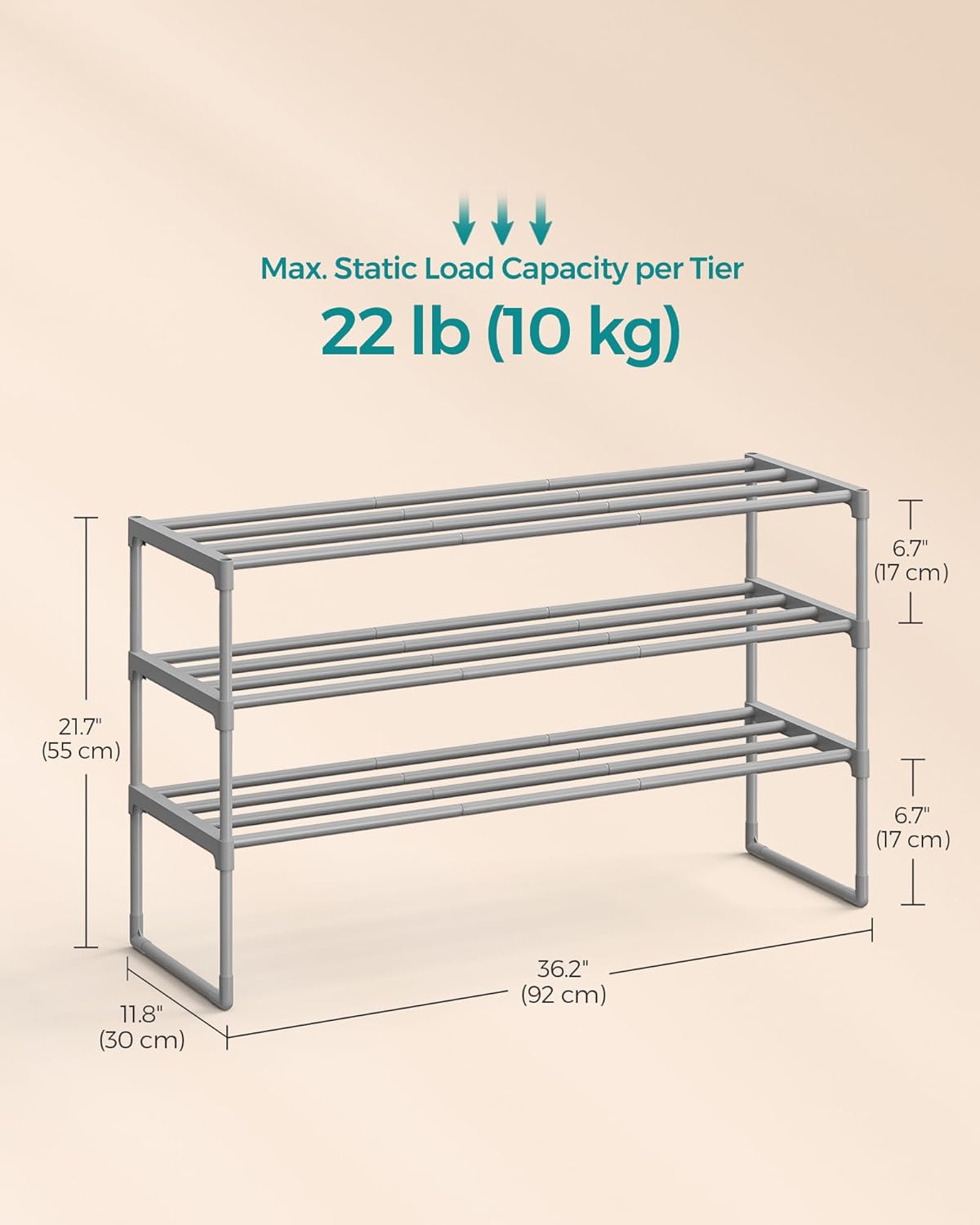 SONGMICS 3-Tier Shoe Rack - Stackable Metal Organizer for 16-20 Pairs | Gray, 11.8 x 36.2 x 21.7 Inches