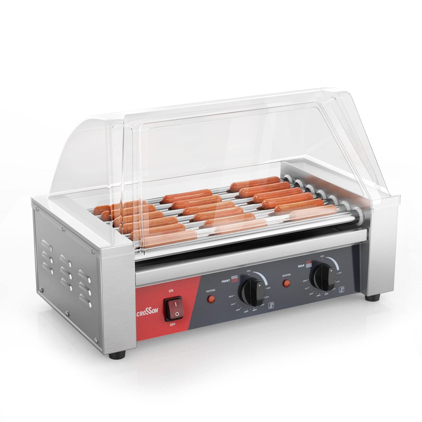 CROSSON Hot Dog 7 Roller Grill Cooker Machine with Transparent Sneeze Guard,7 Nonstick 304SS Rollers and Dual Temp Control,Commercial Hot Dog Cooker Machine-120V, 1050W