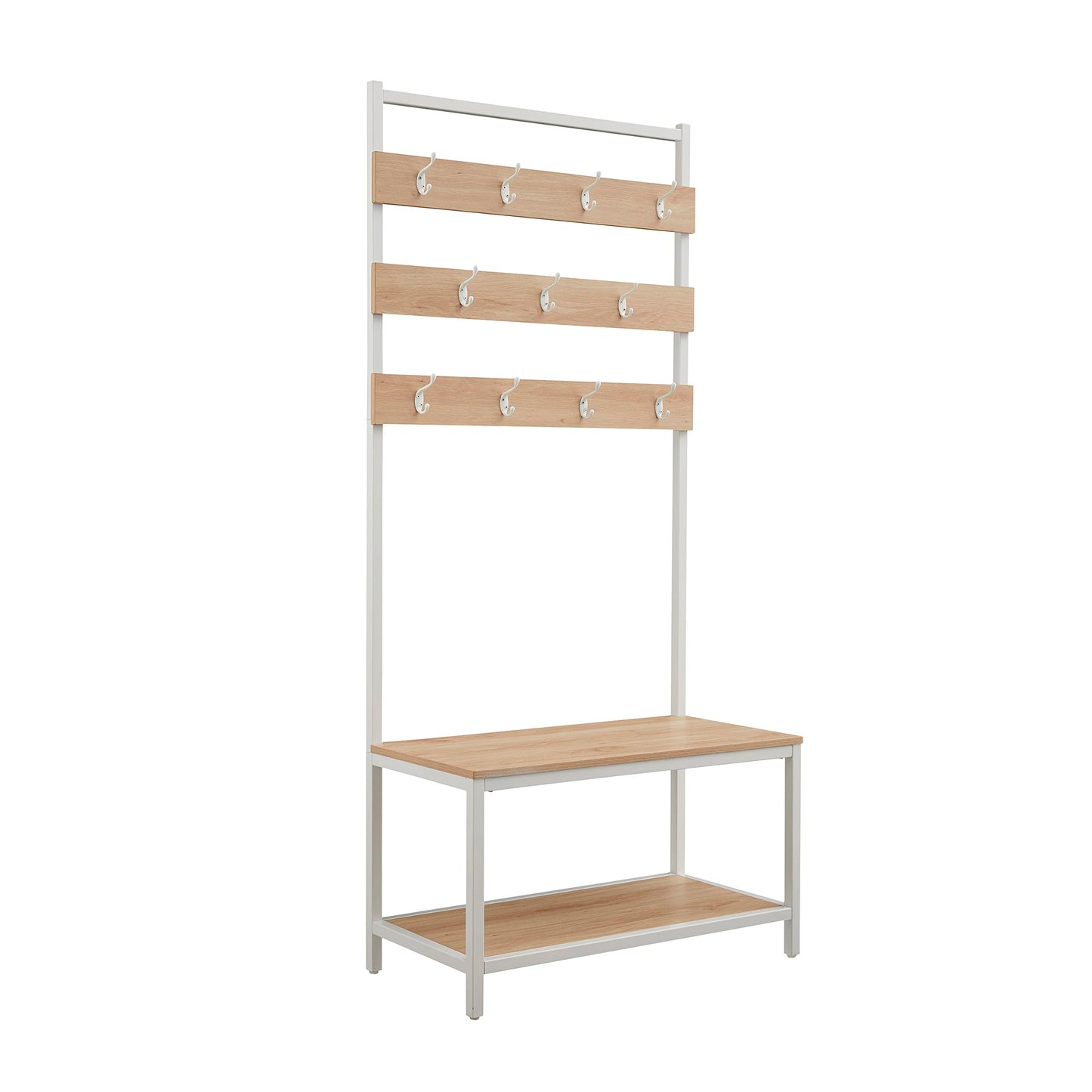 Linon Shaymus White Metal Hall Tree with Natural Wooden Topped Bench and Shelf with Multiple Hanging Hooks