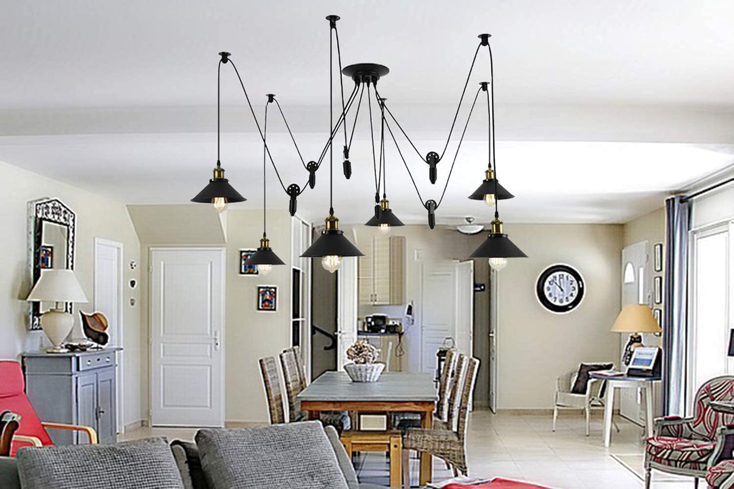 Pulley Pendant Light With 6 Lights, Adjustable DIY Industrial Vintage Rustic Chandelier Mount Ceiling Light Edison Rustic Chandelier,Hanging Pedant Lights Fixture for Dining Room,Warehouse,Farmhouse