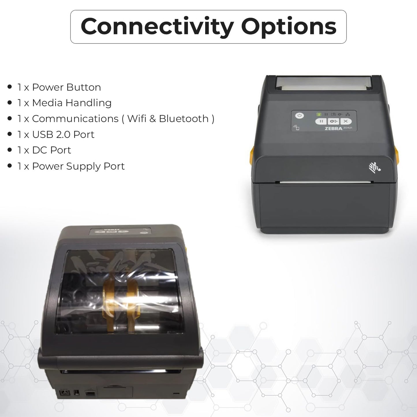 Zebra ZD421 (ZD4A042-D01M00EZ) USB/Bluetooth - Zebra GK420d Replacement, Direct Thermal Label Printer 203 dpi with 4x6 Thermal Roll + Power Adapter + USB 2.0 Cable + Microfiber Cloth Included
