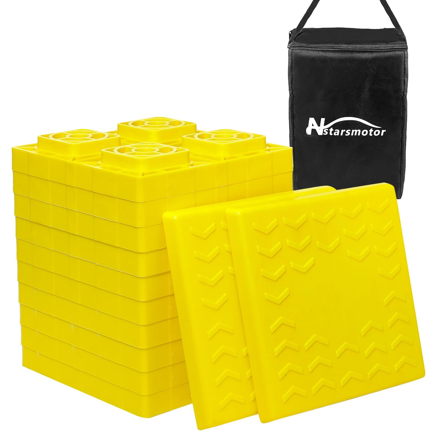 RV Leveling Blocks 12 Pack, Heavy Duty Interlocking Camper Leveler with Carrying Bag, Customizable Height for Single & Dual Axle Wheels, 8.6" x 8.6" x 1.5" Yellow RV Stabilizer Jack Pads
