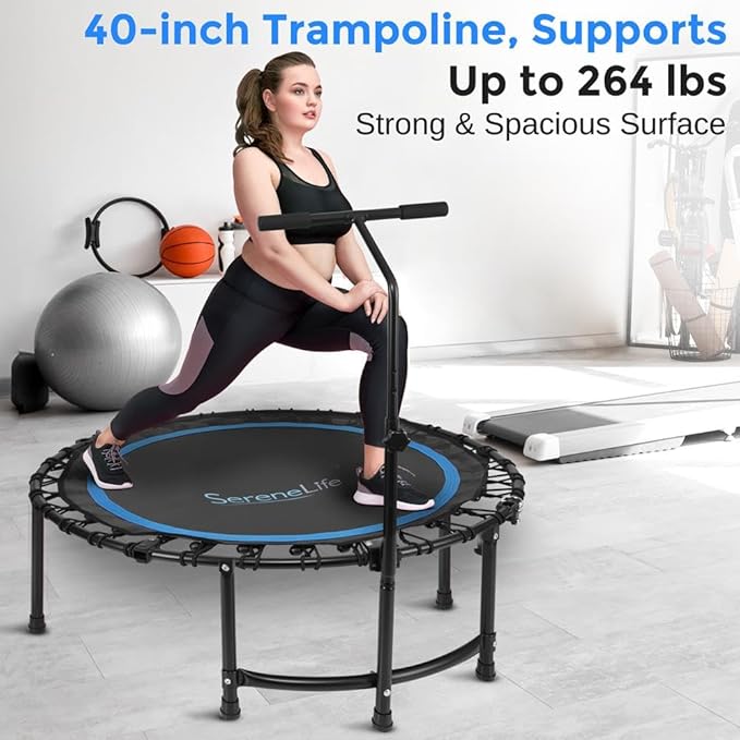 SereneLife 40"/50" Mini Trampoline for Adults - 450/550LBS Fitness Trampoline with Reinforced Springs & Adjustable Safety Handle - Stable & Quiet Supports Whole-Body Workout & Relaxation