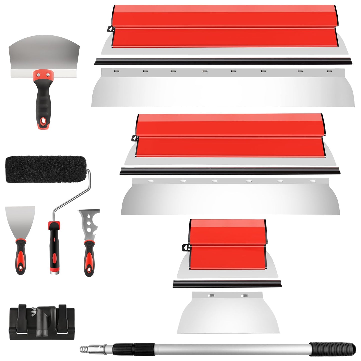 DEKEones Drywall Skimming Tools Set with 10”24”32” Skimming Blades, a Paint Roller, a Extension Pole and 3 Kinds of Putty Knife Tools for Smoothing Wall and Ceiling