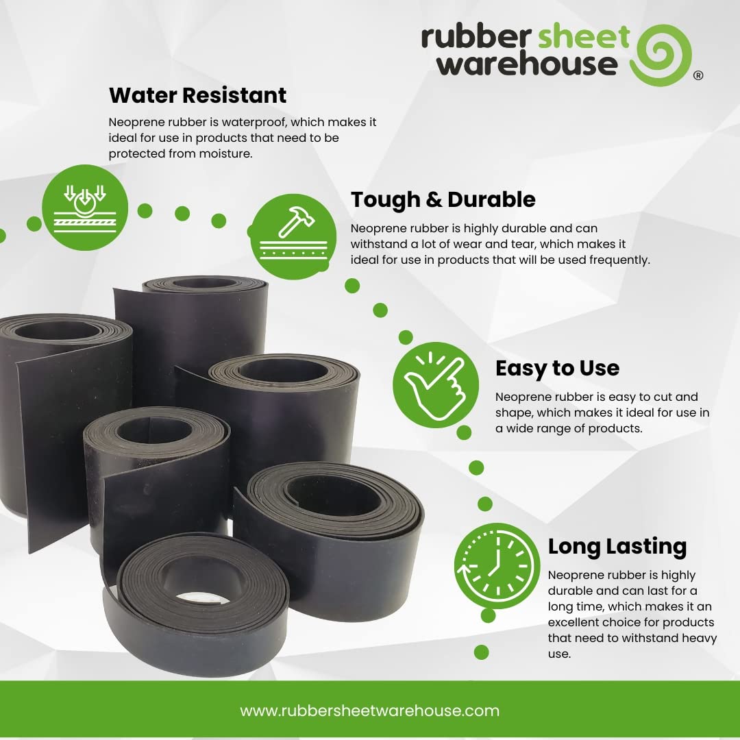 Neoprene Rubber Sheet, Rolls, Strips 1/4" (.250") Thick x 8" Wide x 10' Long Solid Rubber