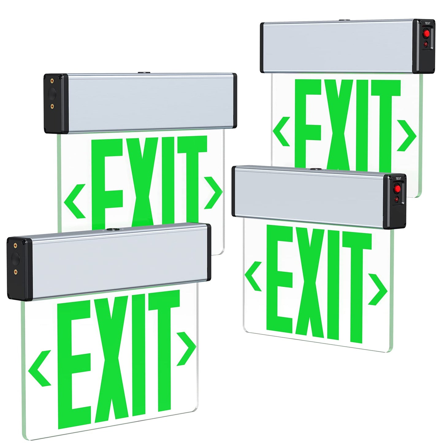 Green LED Edge Lit Exit Sign Brushed Aluminum Housing, UL Listed Emergency Exit Signs Single Sided Clear Acrylic with Battery Backup, AC 120-347V Hardwired Exit Lights, Top/Side/Wall Mount (4 Pack)