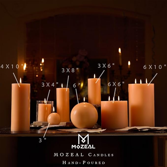 MOZEAL 3" x 4" Hand-Poured Unscented Candle, Dripless Pillar Candle Set of 3, Long Clean Burning, Approx 72 Hours Burn Time, Rustic Country Style, Wedding, Summer Peach, Home Decor, Peach Fuzz