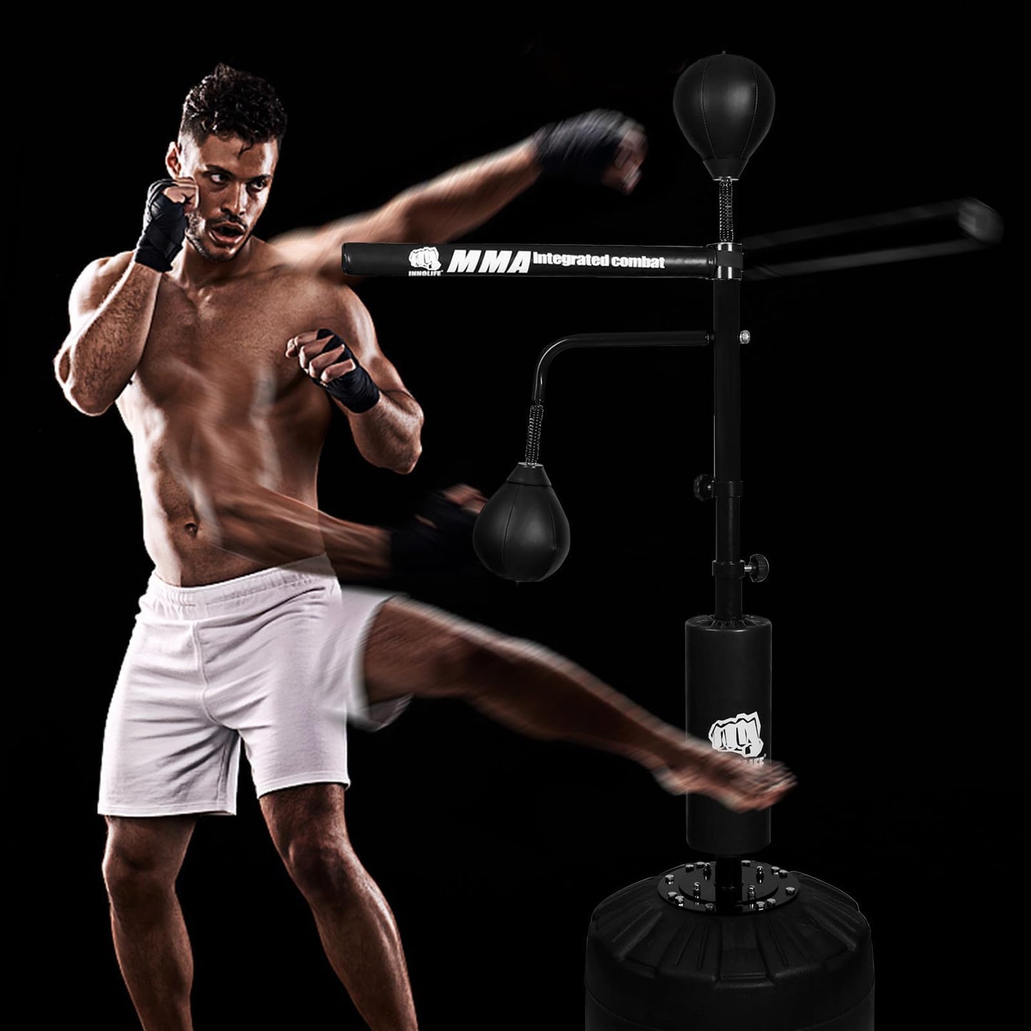 45~82IN Boxing Bar 60L Base Punching Bag Spinning Trainer with Reflex Bar, Adjustable Suitable for Adults (Black)