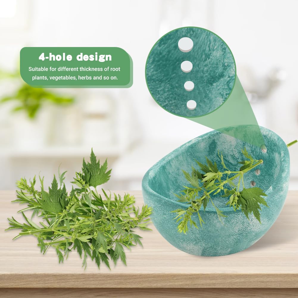 Pottery Herb Stripper Bowl, Handmade Ceramic Herb Peeling Cup with Different Hole Sizes for Separating Leaves and Stems (Blue)