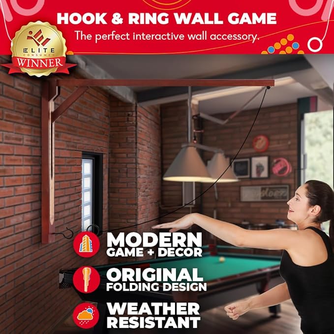 SWOOC Games - Hideaway Hook and Ring Game On A String - Weather Resistant & Easy Setup - Man Cave Games - Wall Activity for Game Room - Wall Ring Toss Fun for Adults - Bar Activity