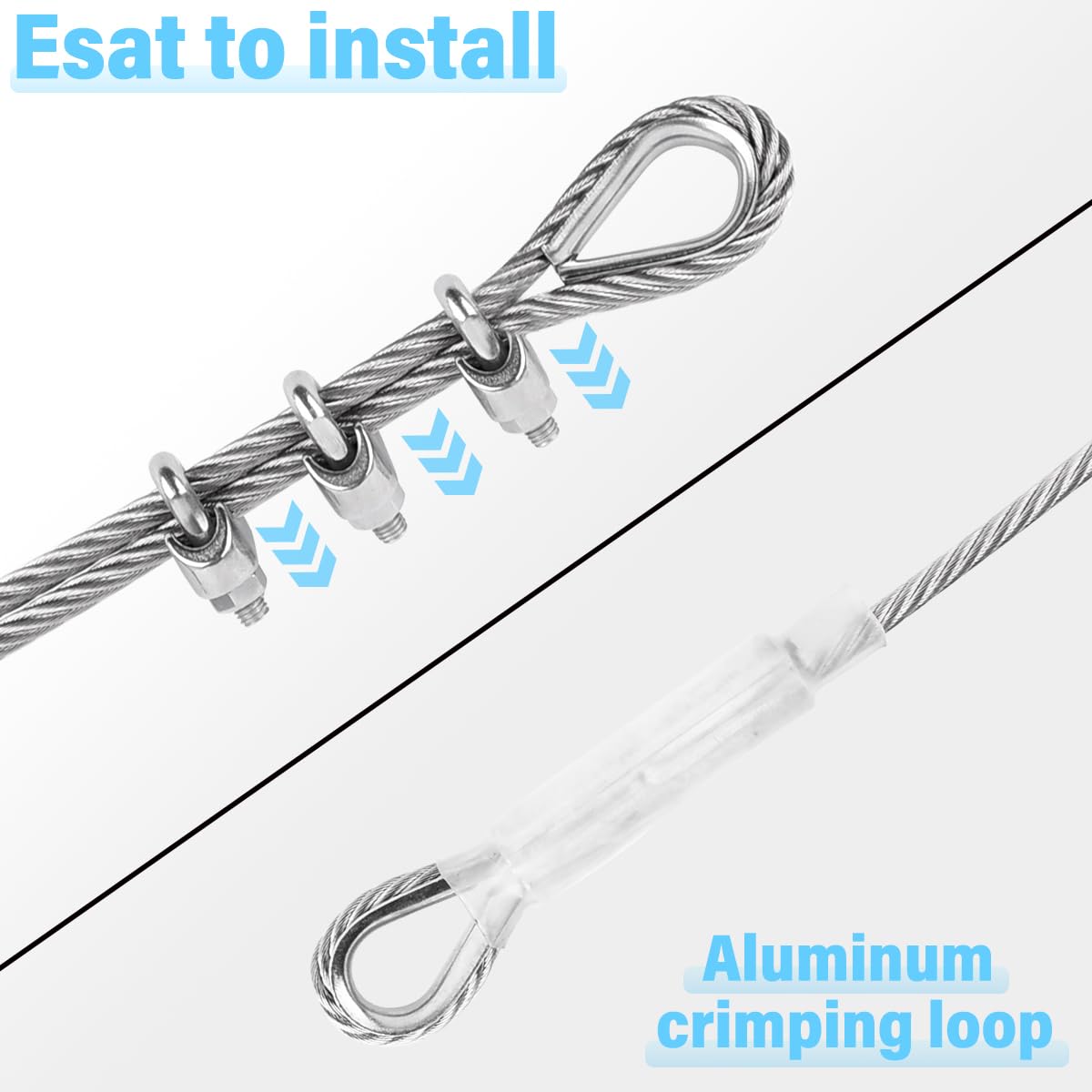 3/8” Stainless Steel Cable, 150ft 304 Stainless Steel Aircraft Cable with 12000lbs Breaking Strength, 7x19 Strands Wire Rope with Clamps & Thimble for Ziplines, Boat Lifts, Deck Railings, Winch Cable