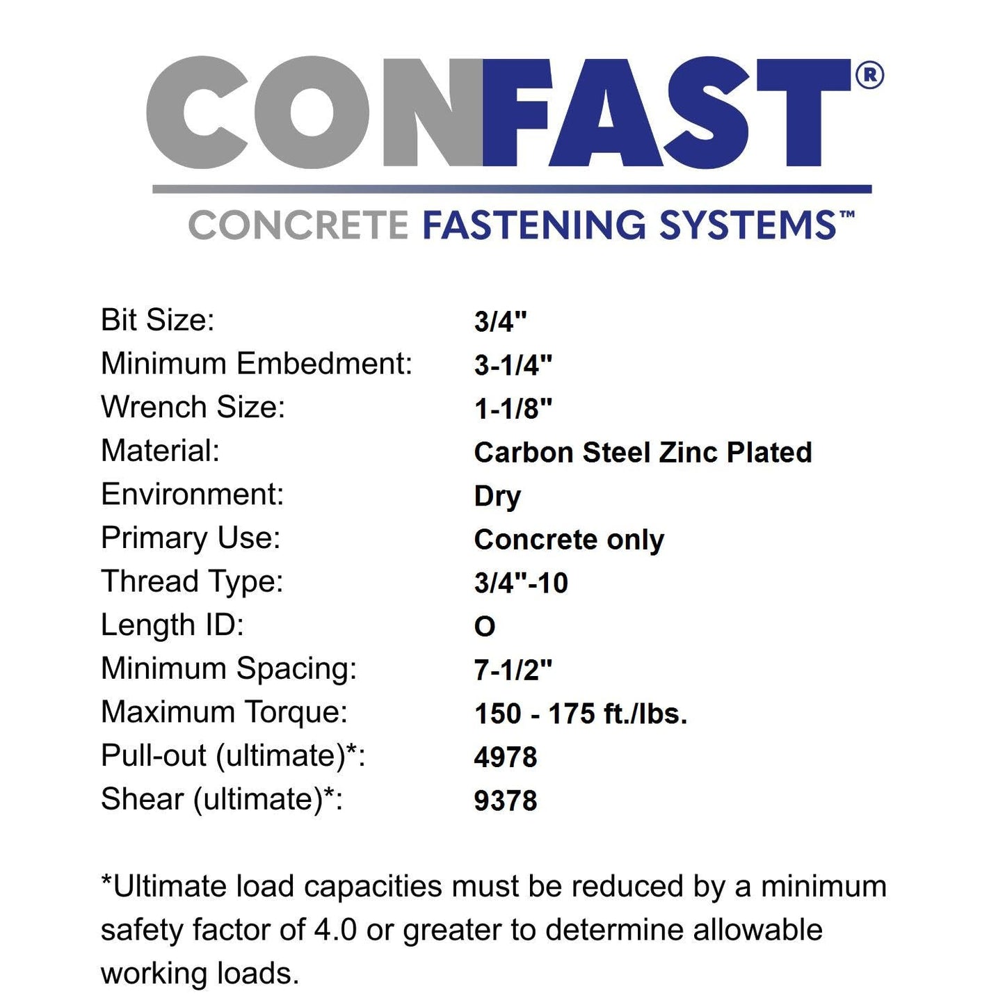 CONFAST 3/4" x 8-1/2" Wedge Anchor Zinc Plated (Box of 10)