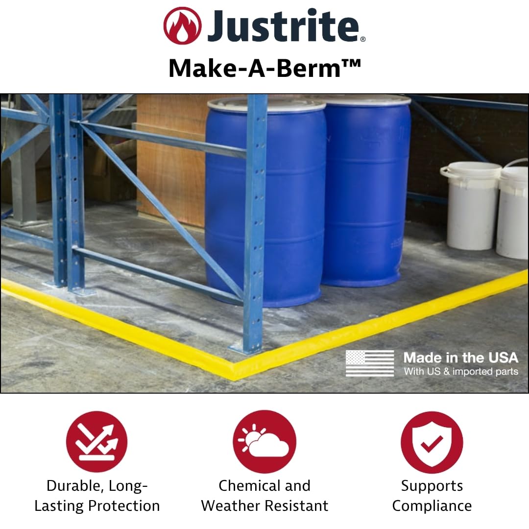Justrite Make-A-Berm™ Fuel Spill Containment Curbs 15' Long x 1.5" High Straight Section, Custom Chemical Spill Containment Berm System, Yellow PVC Coated Fabric, Made in The USA, 28486
