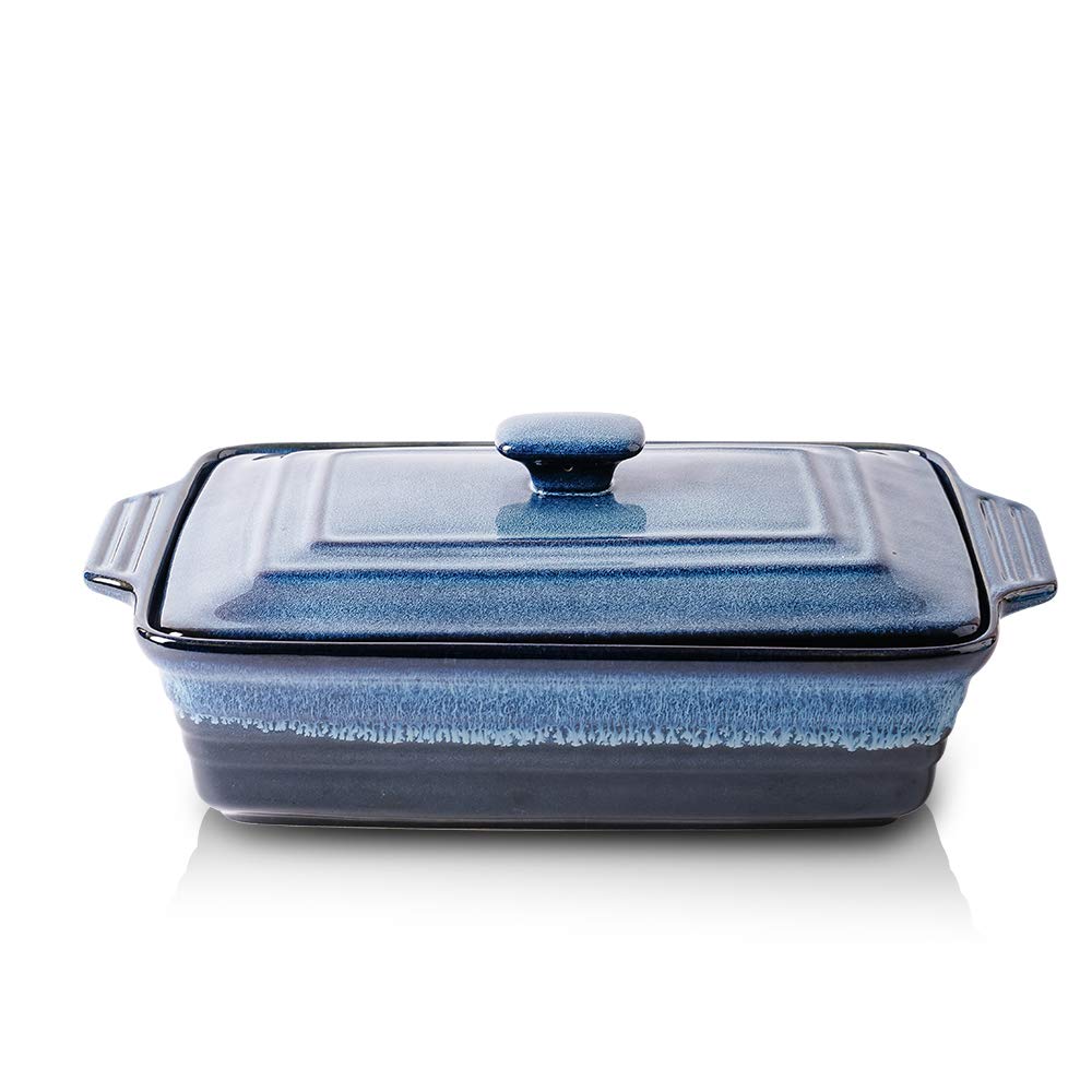 KOOV Ceramic Casserole Dish With Lid, Covered Rectangular Set, Lasagna Pan for Cooking, Baking Dish for Dinner, Kitchen, 9 x 13 Inches, Reactive Glaze (Nebula Blue)