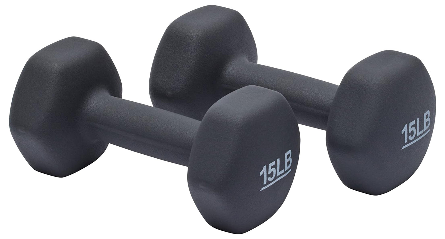 Amazon Basics Neoprene Hexagon Shape Dumbbell Hand Weights, 15 Pounds, Home Workout, Dark Grey, Pair