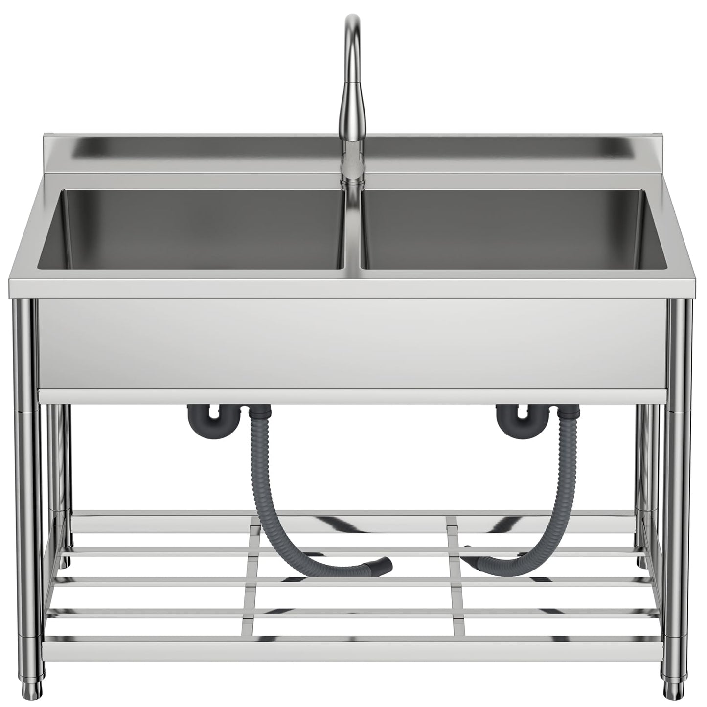 GGW 2-Compartment Commercial Sink, Stainless Steel Utility Sink with Pull-out Faucet, Free Standing Double Bowl Kitchen Sink for Restaurant, Garage, Shop, Cafe, Outoor, 21.7"D x 47.2"W x 37"H